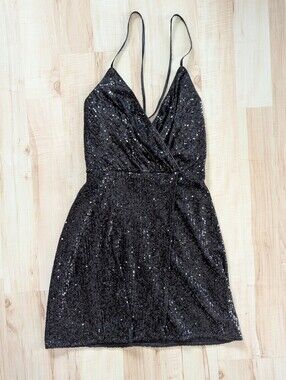 Minuet Petite Black Sequin Wrap Mini Dress